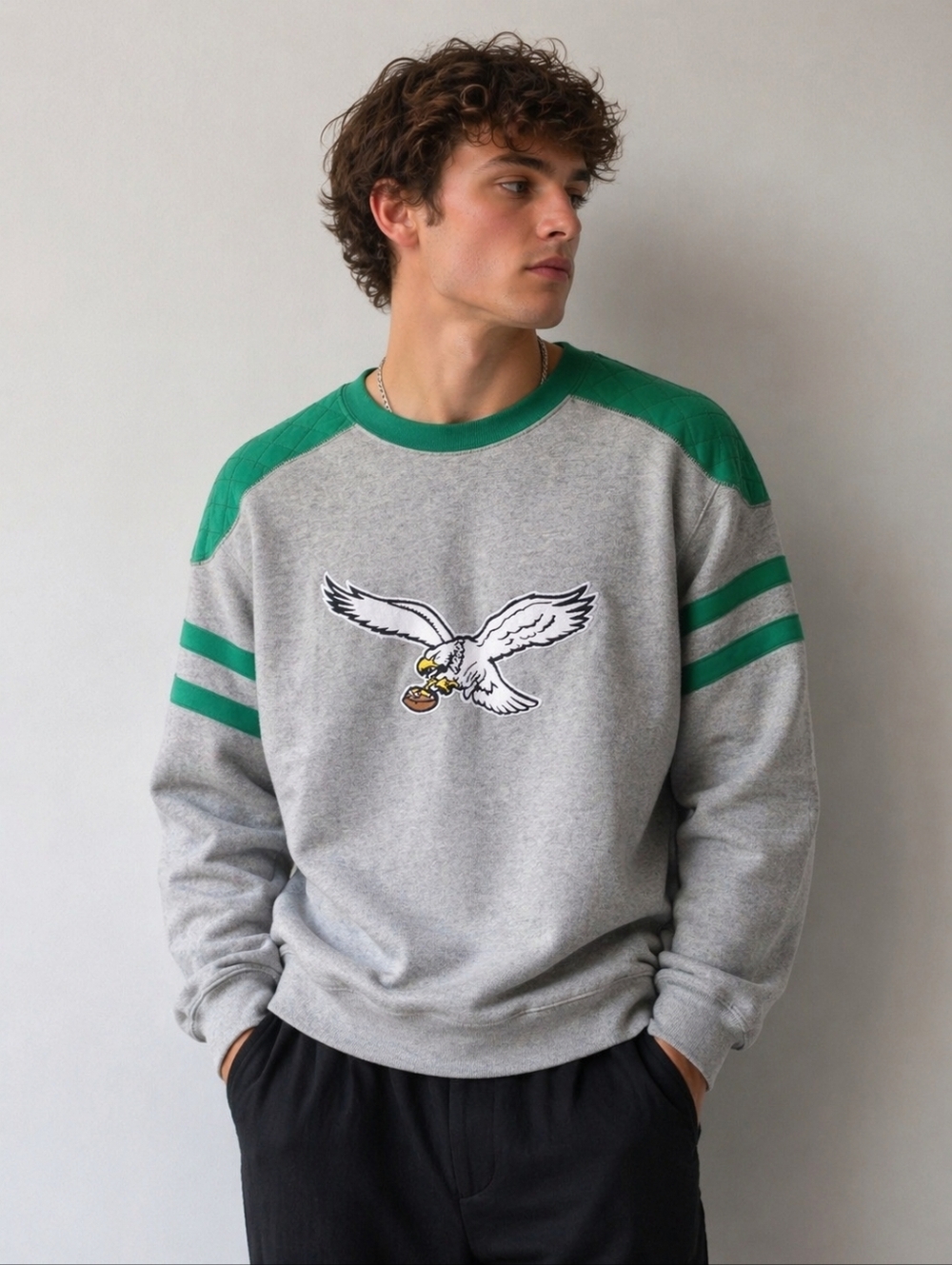 Mitchell & Ness Grey Philadelphia Eagles Throw Back Sweatshirt Size L Quilted